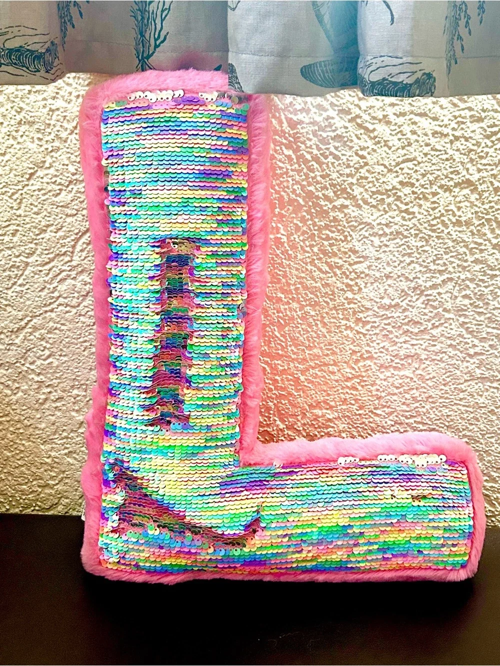Justice Sequin 'L' Pillow with Pink Faux Fur Trim